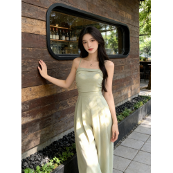 150小矮個子垂感無袖吊帶連體褲女春夏收腰背帶褲直筒濶腿拖地褲