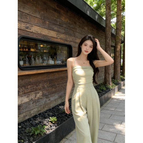 150小矮個子垂感無袖吊帶連體褲女春夏收腰背帶褲直筒濶腿拖地褲