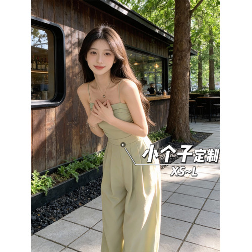 150小矮個子垂感無袖吊帶連體褲女春夏收腰背帶褲直筒濶腿拖地褲