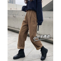 復古咖色燈芯絨褲子女秋冬加絨小個子八分濶腿顯瘦直筒垂感休閒褲