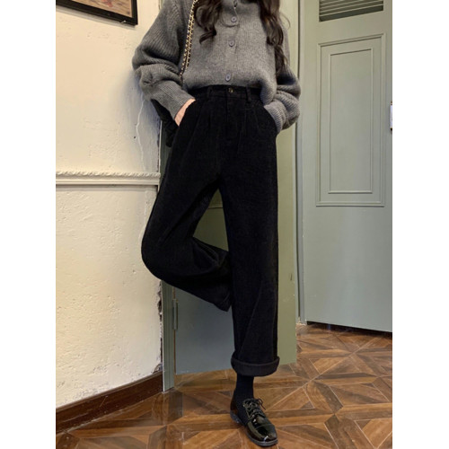 復古咖色燈芯絨褲子女秋冬加絨小個子八分濶腿顯瘦直筒垂感休閒褲