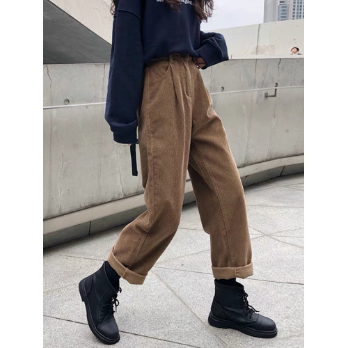 復古咖色燈芯絨褲子女秋冬加絨小個子八分濶腿顯瘦直筒垂感休閒褲