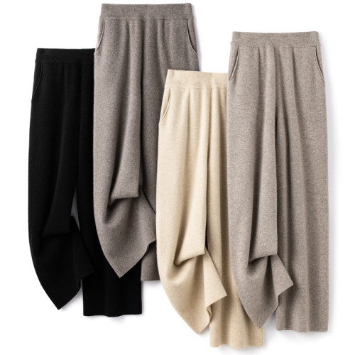 秋冬純羊毛針織褲子女寬鬆濶腿褲顯瘦直筒褲秋冬加厚帶兜拖地長褲