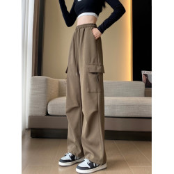 美式加絨工裝褲女秋冬高腰綁帶垂感直筒濶腿褲小個子休閒運動衛褲