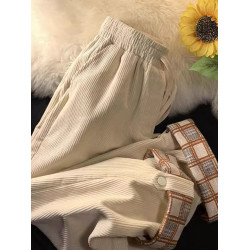 加絨加厚燈芯絨濶腿褲女秋冬季胖mm大碼寬鬆顯瘦高腰休閒直筒衛褲