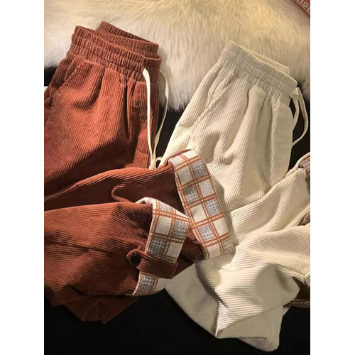 加絨加厚燈芯絨濶腿褲女秋冬季胖mm大碼寬鬆顯瘦高腰休閒直筒衛褲