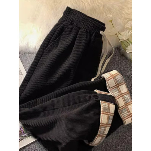 加絨加厚燈芯絨濶腿褲女秋冬季胖mm大碼寬鬆顯瘦高腰休閒直筒衛褲