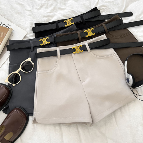 設計感時尚百搭側邊開叉高腰顯瘦西裝短褲濶腿褲休閒褲靴褲配皮帶