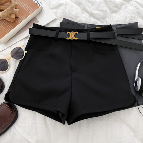 設計感時尚百搭側邊開叉高腰顯瘦西裝短褲濶腿褲休閒褲靴褲配皮帶