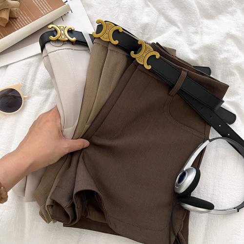 設計感時尚百搭側邊開叉高腰顯瘦西裝短褲濶腿褲休閒褲靴褲配皮帶