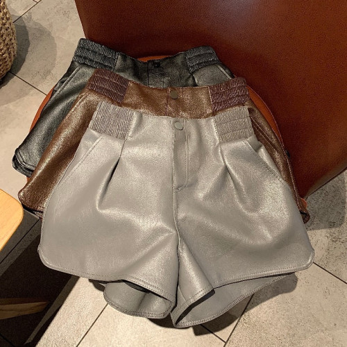 復古高腰濶腿皮褲女秋冬百搭顯瘦短褲2024新款小個子寬鬆外穿褲子 復古高腰濶腿皮褲女秋冬百搭顯瘦短褲2024新款小個子寬鬆外穿褲子