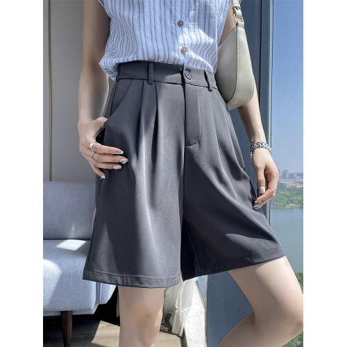 灰色西裝短褲女夏季薄2025高腰a字顯瘦小個子寬鬆休閒中褲五分褲