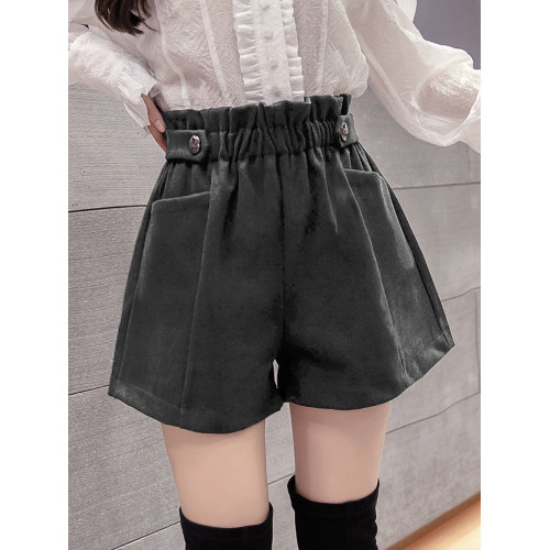 大碼毛呢短褲女秋冬季2025新款寬鬆高腰花苞濶腿a字打底靴褲外穿