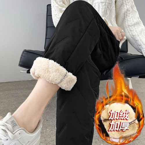 加絨加厚棉褲女冬季防風防水防寒保暖滑雪褲外穿羊羔絨束腳運動褲