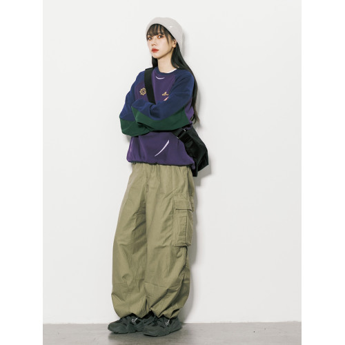 RCDB山系戶外拼接多褶濶腿爬山工裝褲男女情侶寬鬆顯瘦休閒長褲子