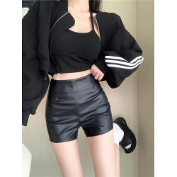 黑色pu皮褲休閒短褲女秋冬高腰緊身直筒褲子辣妹性感a字包臀熱褲