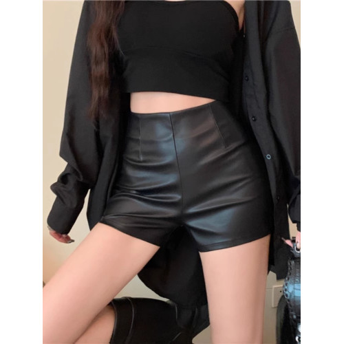黑色pu皮褲休閒短褲女秋冬高腰緊身直筒褲子辣妹性感a字包臀熱褲