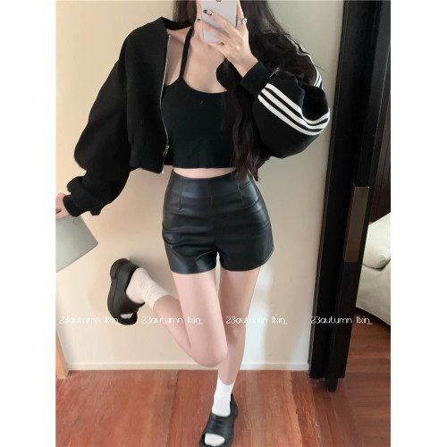 黑色pu皮褲休閒短褲女秋冬高腰緊身直筒褲子辣妹性感a字包臀熱褲