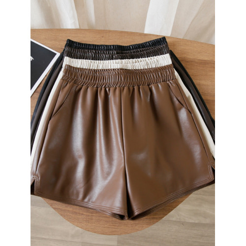 pu皮短褲女秋冬2023新款高腰寬鬆顯瘦休閒褲黑色外穿春秋a字皮褲