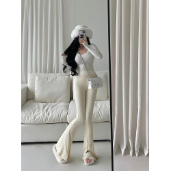 YoungGirlDay歐美高腰緊身顯瘦微喇開叉顯腿長針織休閒褲拖地長褲