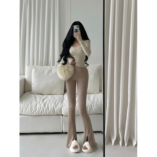YoungGirlDay歐美高腰緊身顯瘦微喇開叉顯腿長針織休閒褲拖地長褲