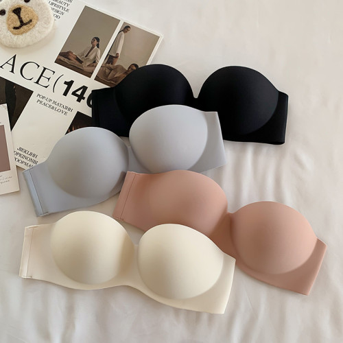 夏季無肩帶內衣女聚攏防滑一片式無痕抹胸無鋼圈上托隱形文胸光面