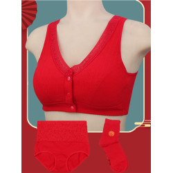 本命年紅色文胸媽媽內衣內褲女無鋼圈前釦大碼中老年胸罩馬年套裝