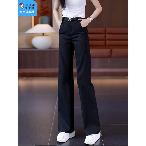 啄木鳥卡其色直筒褲女秋季2025年新款顯瘦女褲高腰休閒窄版濶腿褲