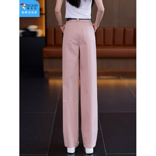 啄木鳥卡其色直筒褲女秋季2025年新款顯瘦女褲高腰休閒窄版濶腿褲