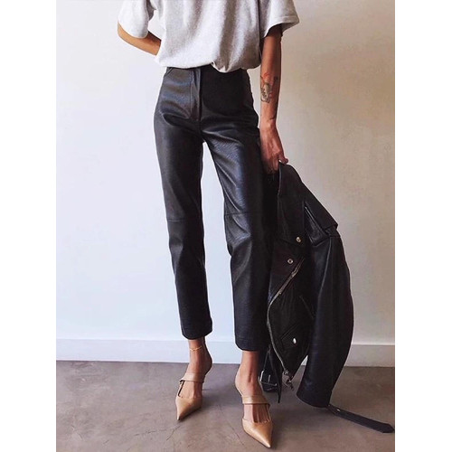 歐貨2025爆款皮褲女士新款秋冬款外穿美式機車風九分pu皮直筒褲子