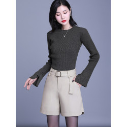 海甯真皮短褲女高腰濶腿褲2025秋冬時尚韓版寬鬆a字綿羊皮靴褲潮