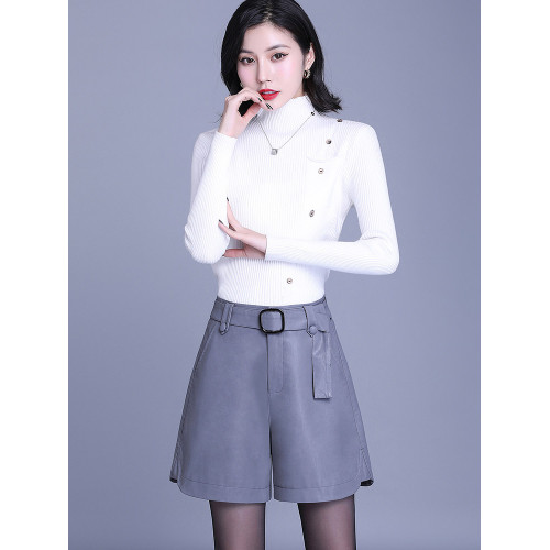 海甯真皮短褲女高腰濶腿褲2025秋冬時尚韓版寬鬆a字綿羊皮靴褲潮