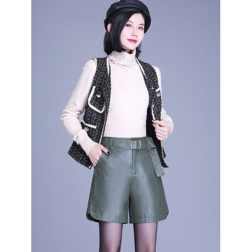 海甯真皮短褲女高腰濶腿褲2025秋冬時尚韓版寬鬆a字綿羊皮靴褲潮