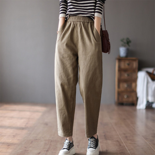 出口大牌尾貨女清倉純色百搭休閒九分褲寬鬆顯瘦高腰哈倫褲子