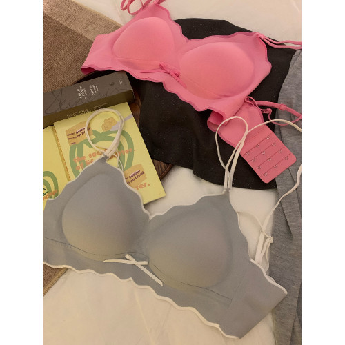 細肩帶內衣女小胸聚攏無鋼圈撞色交叉美背舒適薄款無痕文胸罩套裝