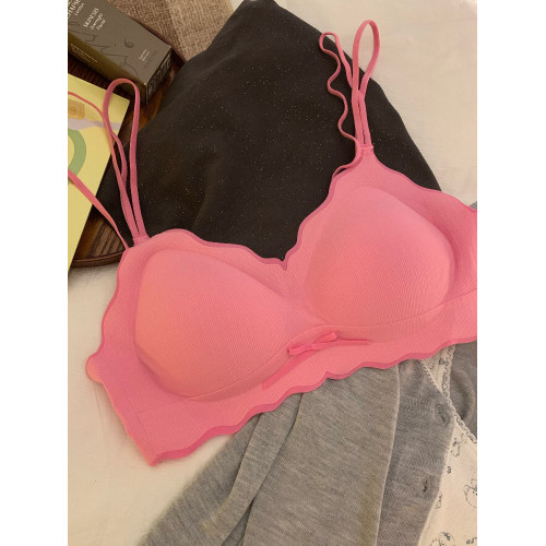 細肩帶內衣女小胸聚攏無鋼圈撞色交叉美背舒適薄款無痕文胸罩套裝