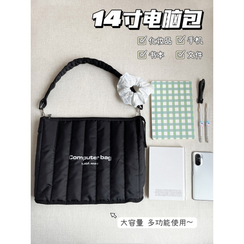 電腦包14寸簡約百搭出差旅行包大容量斜後後背包純色單肩包通勤手提包