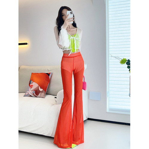 夏季喇叭褲女士透視網紗性感黑色超薄款防曬顯瘦加長款休閒長褲子