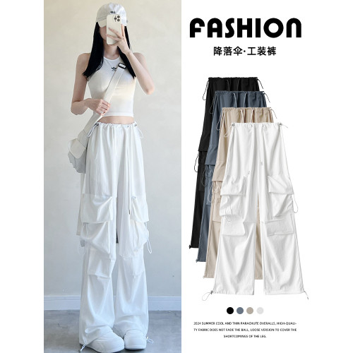 白色美式降落傘工裝褲女秋季薄款2025新款高腰濶腿寬鬆休閒運動褲