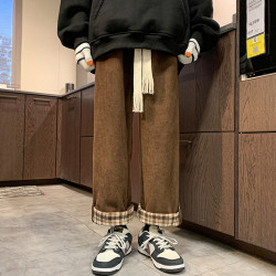美式復古格紋卷邊休閒褲女秋季潮牌寬鬆直筒濶腿燈芯絨運動長褲子