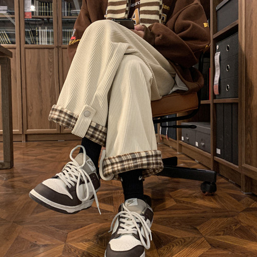 美式復古格紋卷邊休閒褲女秋季潮牌寬鬆直筒濶腿燈芯絨運動長褲子