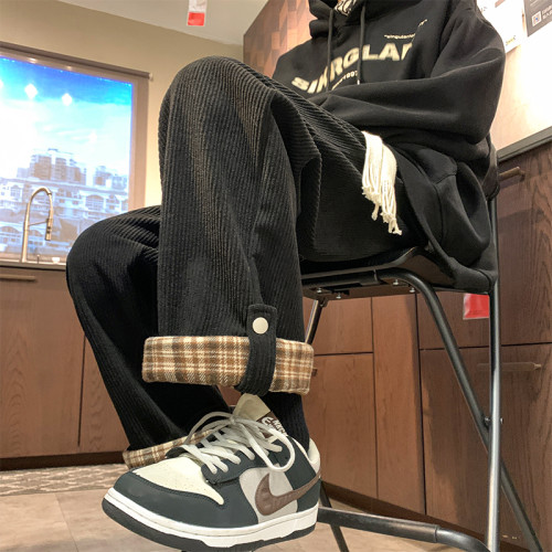 美式復古格紋卷邊休閒褲女秋季潮牌寬鬆直筒濶腿燈芯絨運動長褲子