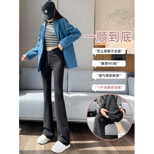 黑色加絨褲子女秋冬高級垂感西裝褲高腰彈力修身顯瘦馬蹄微喇叭褲