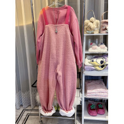 超大碼2-300斤胖mm新款韓版羊羔毛絨連體褲女百搭洋氣加絨背帶褲