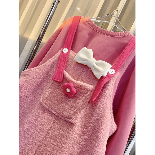 超大碼2-300斤胖mm新款韓版羊羔毛絨連體褲女百搭洋氣加絨背帶褲