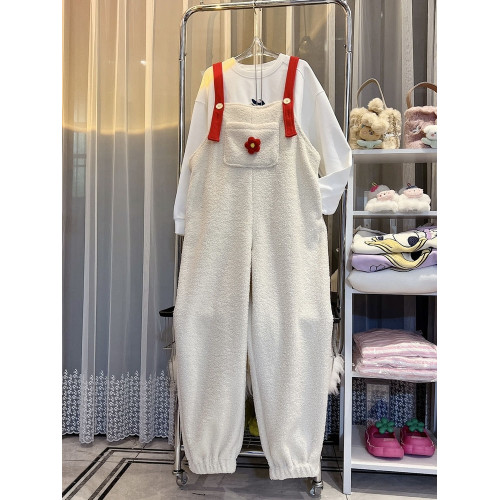 超大碼2-300斤胖mm新款韓版羊羔毛絨連體褲女百搭洋氣加絨背帶褲