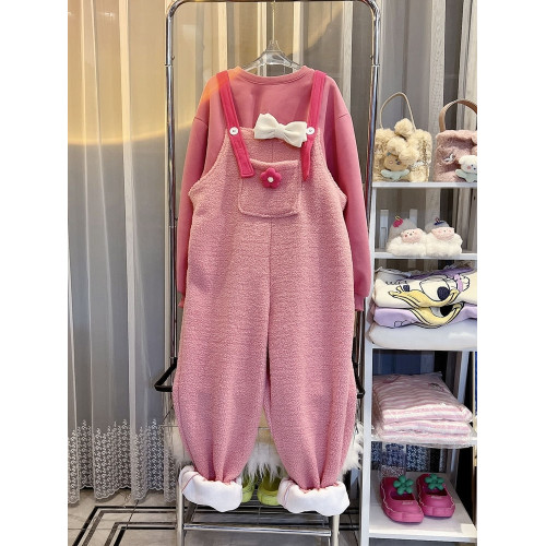 超大碼2-300斤胖mm新款韓版羊羔毛絨連體褲女百搭洋氣加絨背帶褲