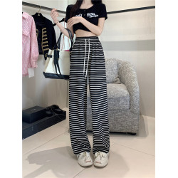 小個子黑白橫條紋窄版濶腿褲女夏季薄款150cm休閒運動直筒九分褲