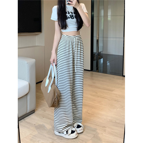 小個子黑白橫條紋窄版濶腿褲女夏季薄款150cm休閒運動直筒九分褲 小個子黑白橫條紋窄版濶腿褲女夏季薄款150cm休閒運動直筒九分褲