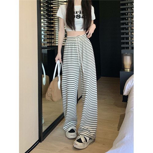 小個子黑白橫條紋窄版濶腿褲女夏季薄款150cm休閒運動直筒九分褲 小個子黑白橫條紋窄版濶腿褲女夏季薄款150cm休閒運動直筒九分褲